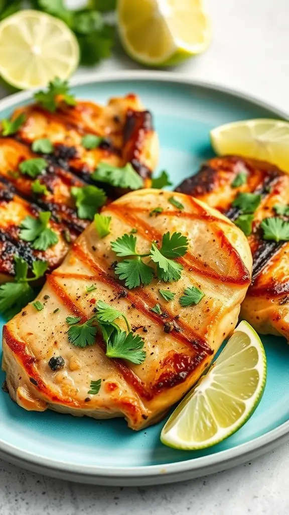 Grilled cilantro lime pork chops garnished with fresh cilantro and lime wedges.