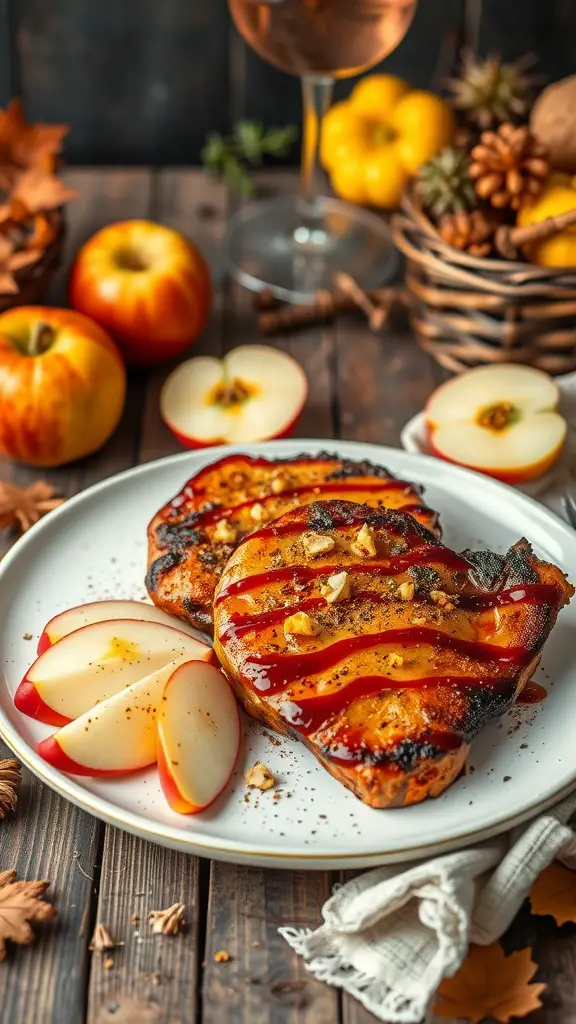 Deliciously cooked cinnamon apple BBQ pork chops on a plate with apple slices and garnishes.