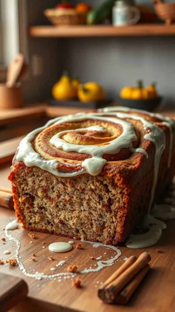 A loaf of cinnamon roll zucchini bread with a creamy glaze, sliced to show its swirled interior.