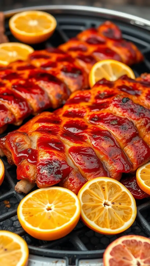 Citrus and ginger infused ribs garnished with lemon slices
