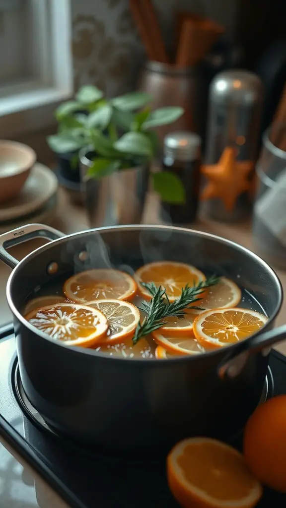 A simmer pot with orange slices and herbs cooking on a stove