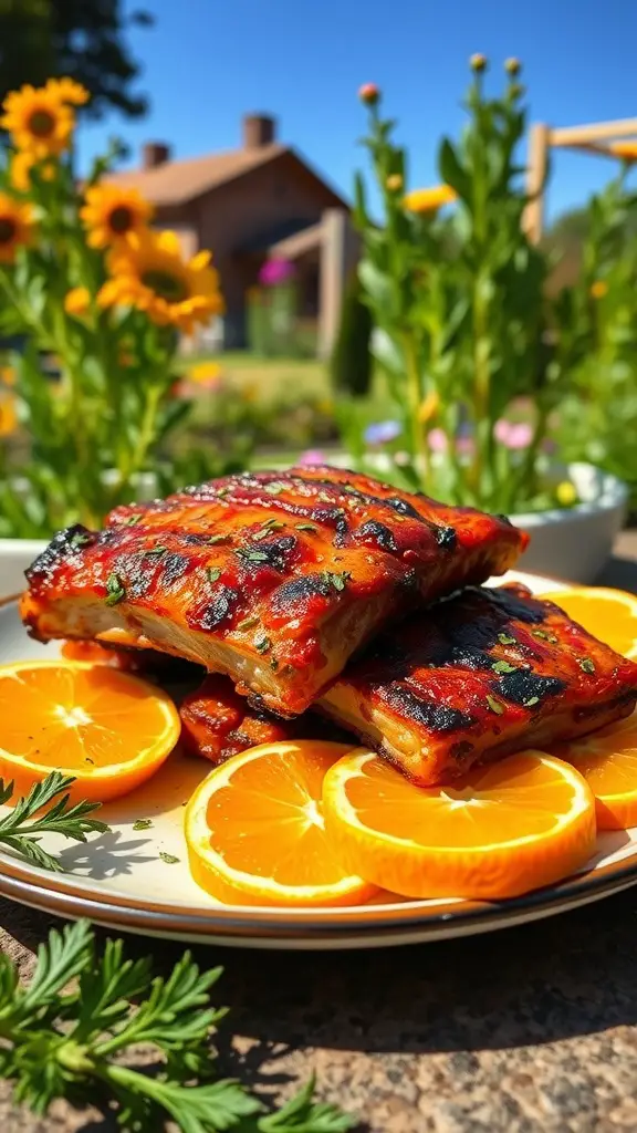 Deliciously glazed BBQ pork ribs garnished with fresh citrus and herbs.