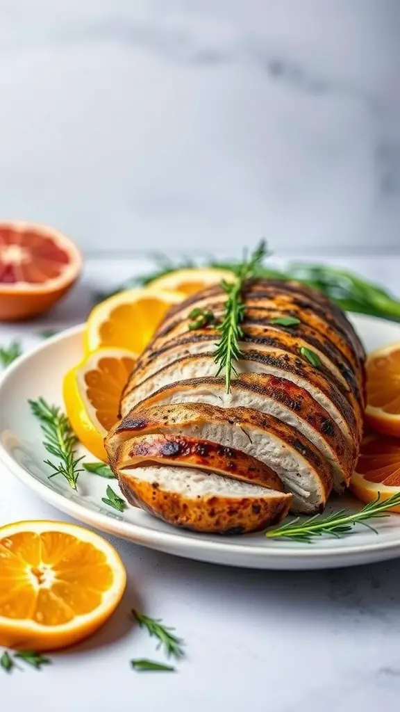 Grilled pork loin sliced and served with citrus fruits
