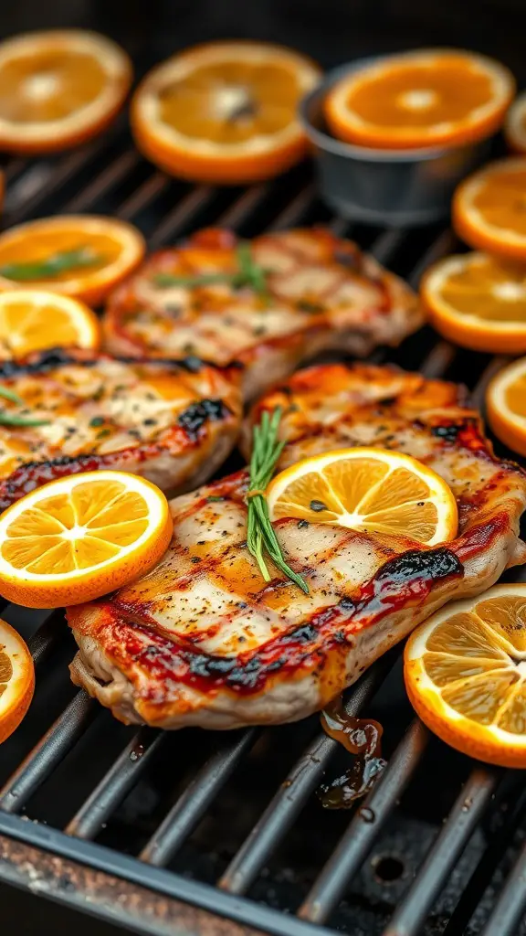 Grilled pork loin chops with citrus marinade and orange slices on the grill.