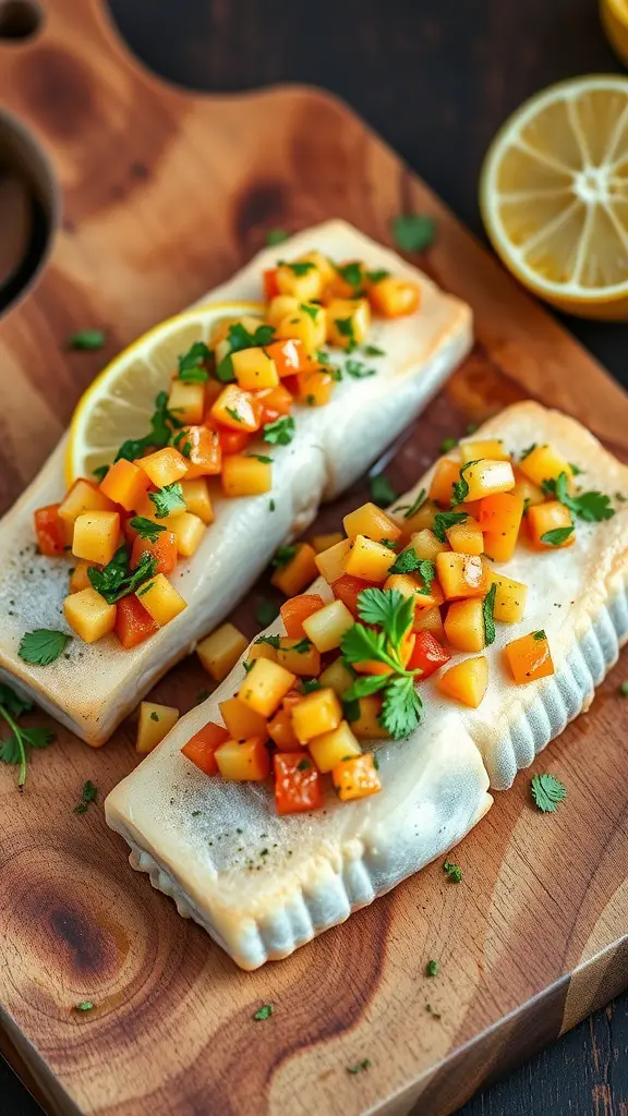 Grilled trout fillets topped with colorful citrus salsa