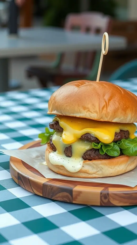 A classic cheeseburger with melted cheese and garlic aioli on a wooden plate.