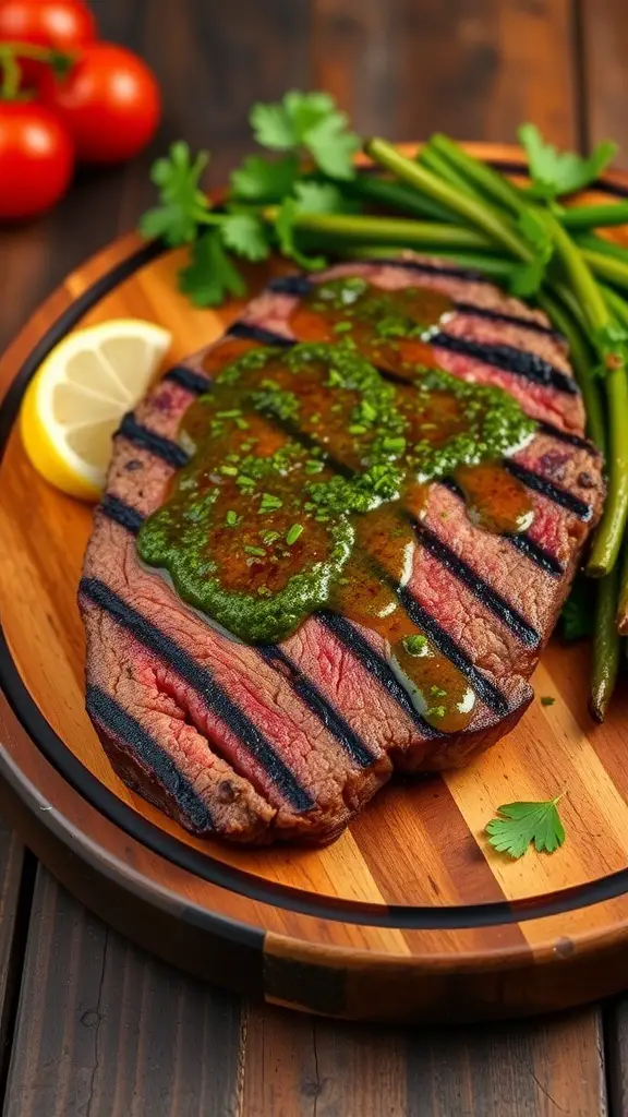 Plated grilled skirt steak with chimichurri sauce and garnishes