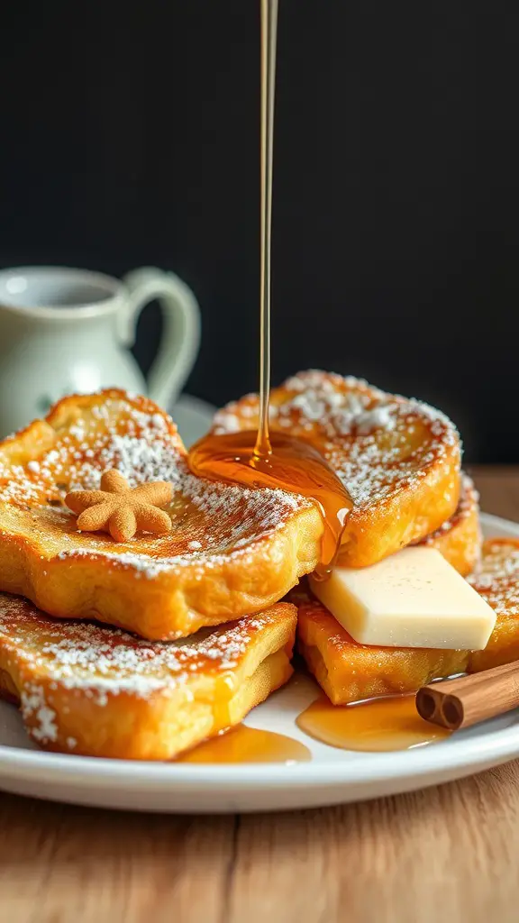 A plate of classic French toast with cinnamon, drizzled with syrup and topped with butter.