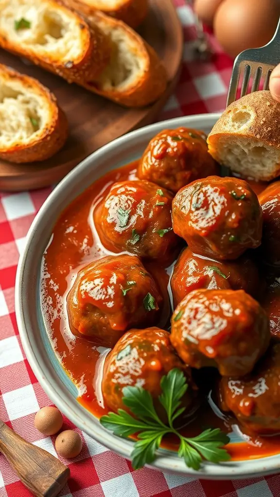 A bowl of classic Italian BBQ meatballs served in a tangy sauce with fresh parsley.