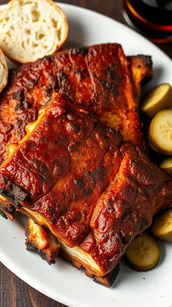 Delicious classic Memphis dry rub ribs served with pickles and bread