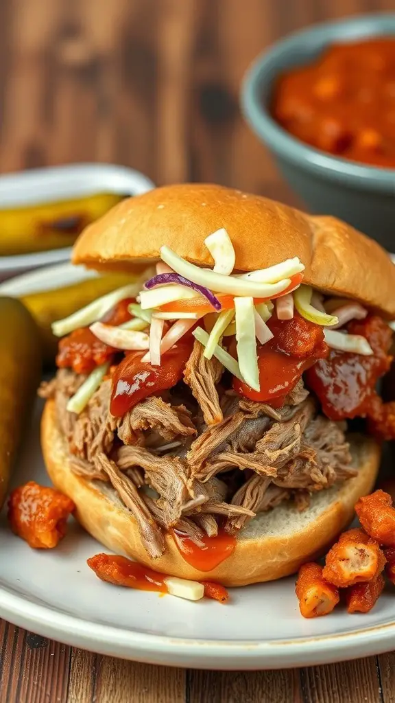 A delicious pulled pork sandwich with coleslaw and BBQ sauce, served on a bun.