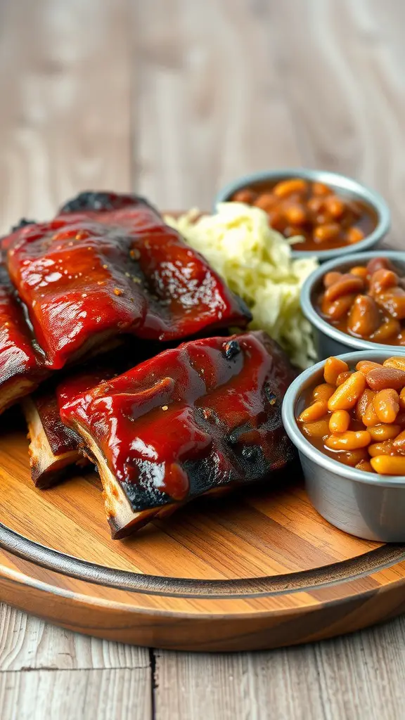 Plate of BBQ pork ribs with side dishes