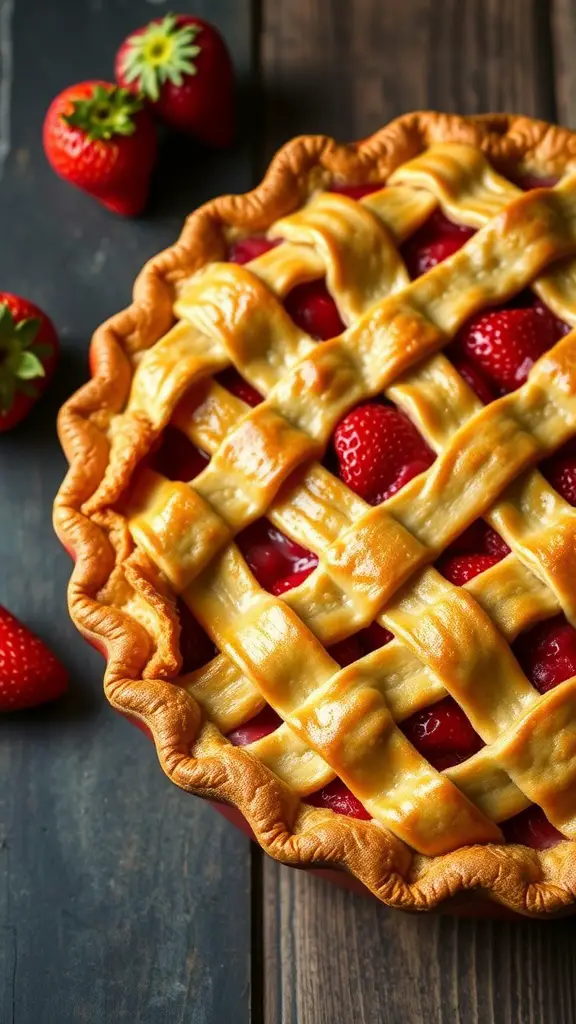 A classic strawberry rhubarb pie with a golden lattice crust and fresh strawberries beside it.