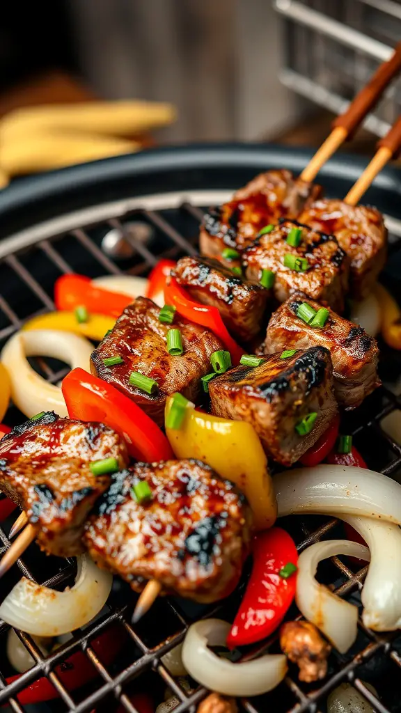 Grilled sirloin skewers with bell peppers and onions, garnished with green onions.