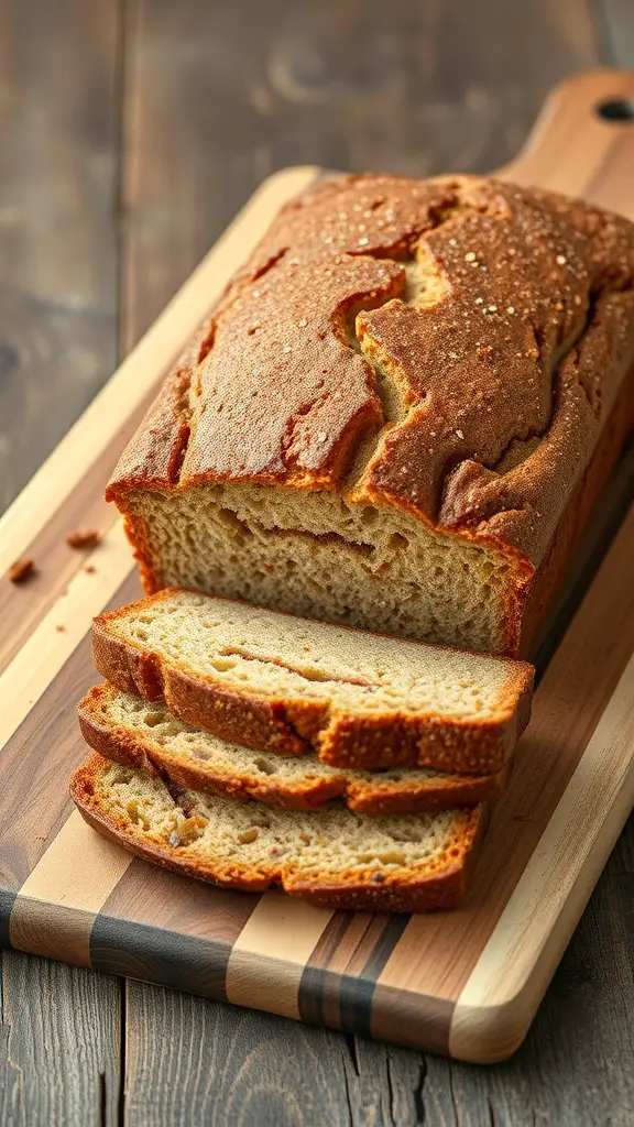 A freshly baked loaf of classic zucchini bread sliced on a wooden cutting board.