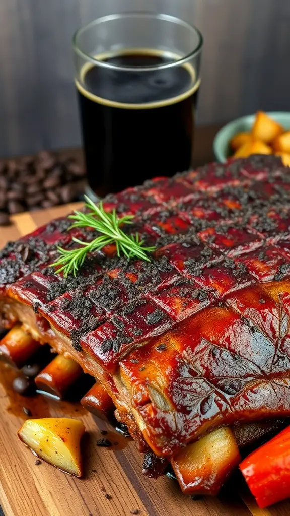 Delicious cocoa and coffee rubbed ribs on a wooden board.