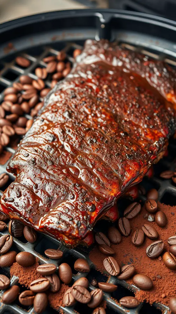 Delicious cocoa coffee rubbed ribs on a grill.