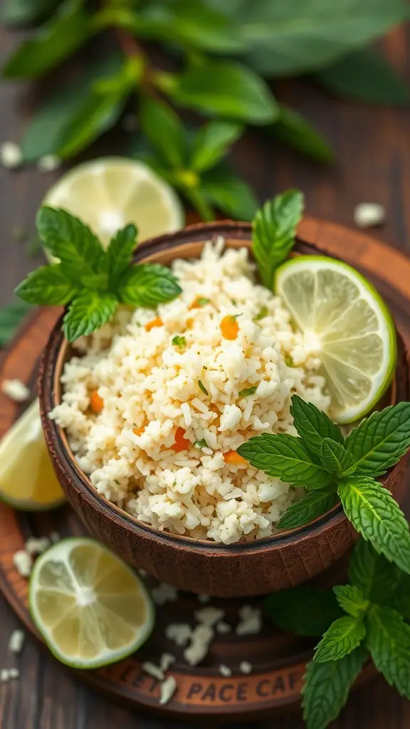 A bowl of fluffy coconut cauliflower rice garnished with mint and lime slices.