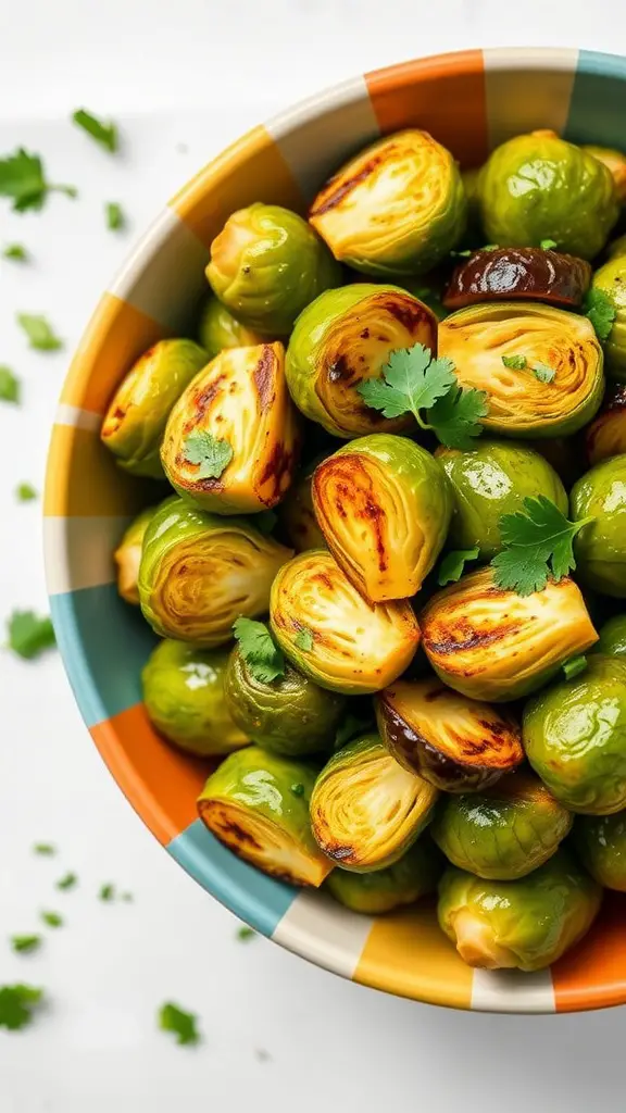 A bowl of grilled Brussels sprouts garnished with cilantro and drizzled with coconut curry sauce.