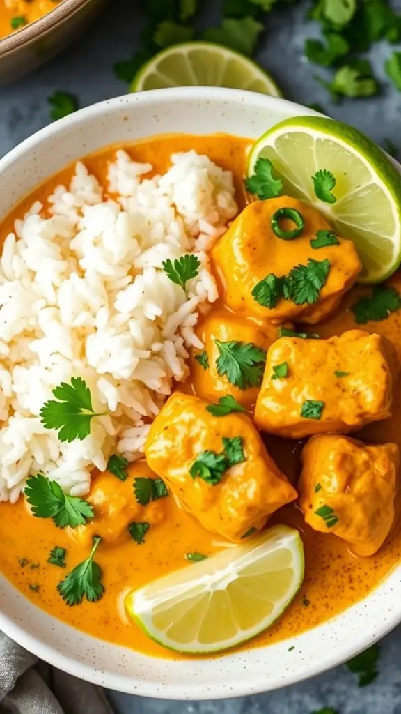 A bowl of coconut curry chicken served with rice and garnished with cilantro.