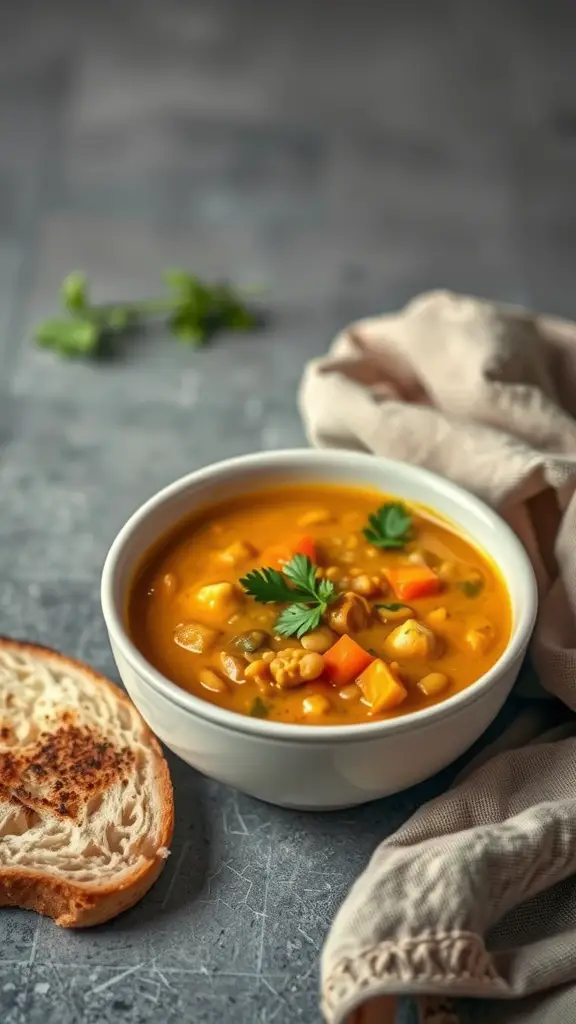Bowl of coconut curry lentil soup with vegetables and a piece of toasted bread