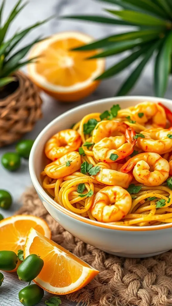 A delicious bowl of Coconut Curry Shrimp Pasta with shrimp, spinach, and vibrant spices, garnished with cilantro.