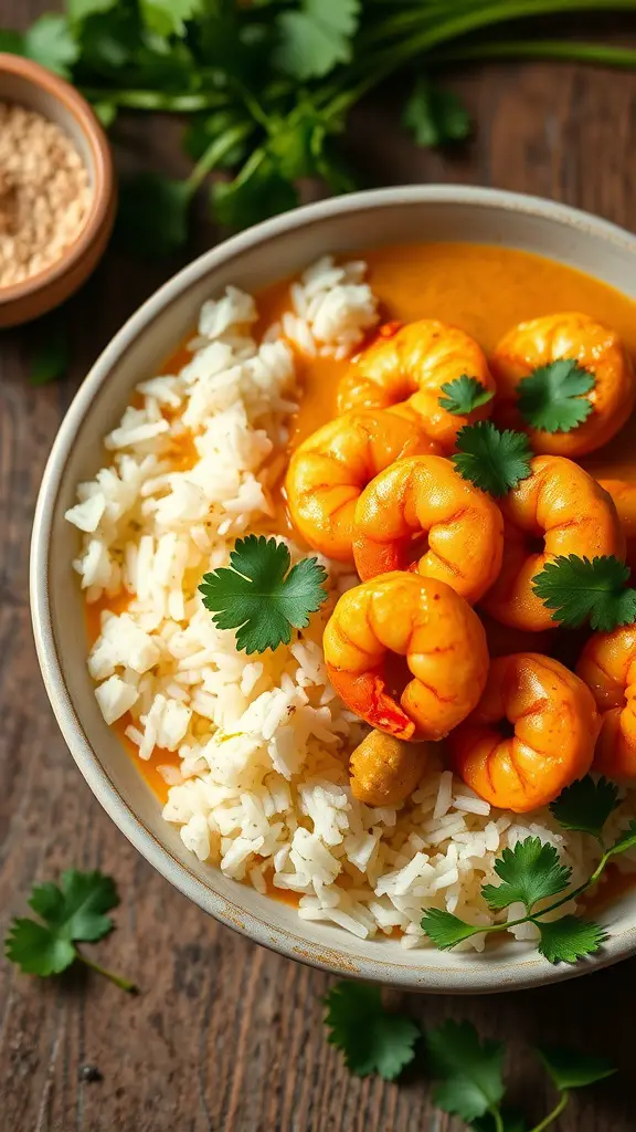 A bowl of coconut curry shrimp served with jasmine rice, garnished with fresh cilantro.