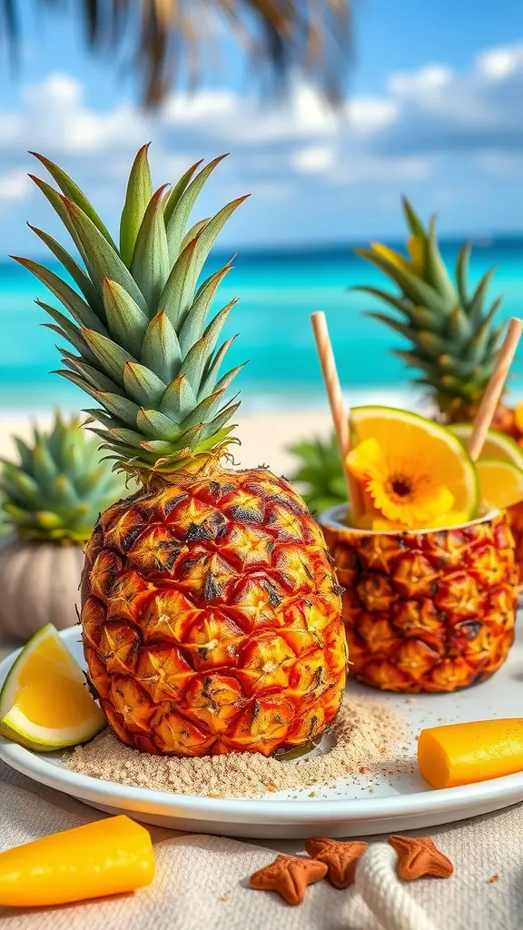 An inviting dish of grilled pineapple rings marinated in coconut rum, served with fresh mint leaves.