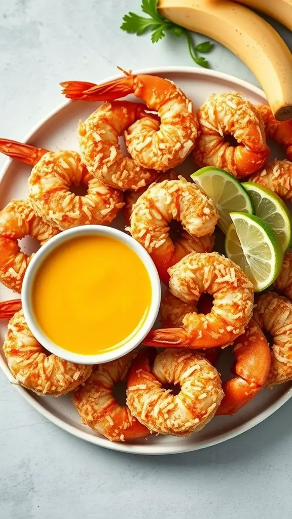 Coconut shrimp on a plate with mango dipping sauce and lime slices.