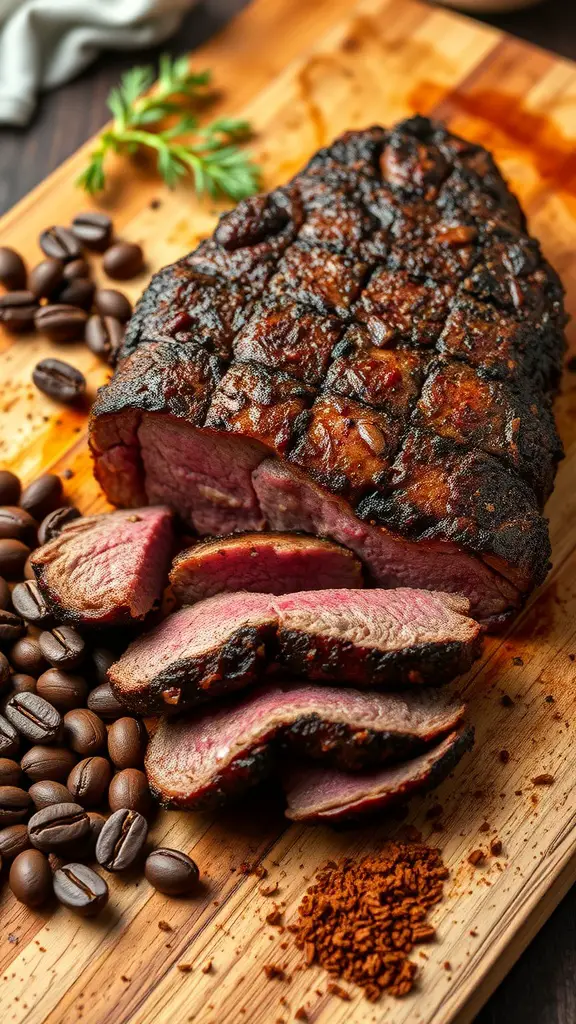 A beautifully grilled flank steak with a rich coffee crust, sliced and served with coffee beans and spices.
