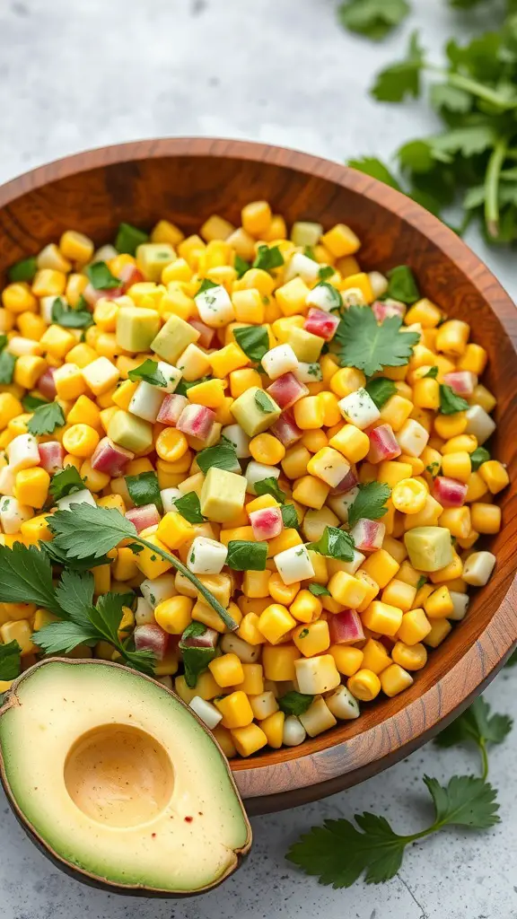 A vibrant corn and avocado salad with fresh ingredients and cilantro lime dressing.