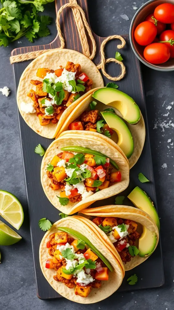 Delicious corn and avocado tacos garnished with cilantro and lime