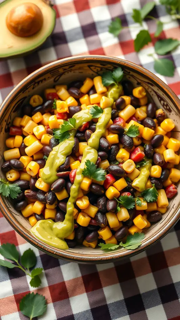 A colorful corn and black bean salad topped with avocado dressing and cilantro.