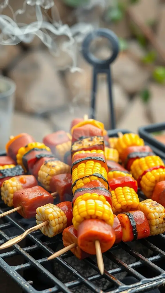 Grilled skewers of corn, sausage, and colorful vegetables on the grill.