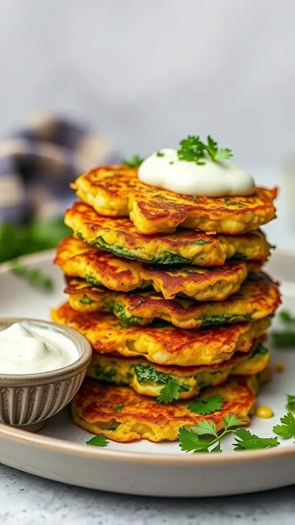 A stack of golden corn and zucchini fritters topped with sour cream and garnished with fresh cilantro.