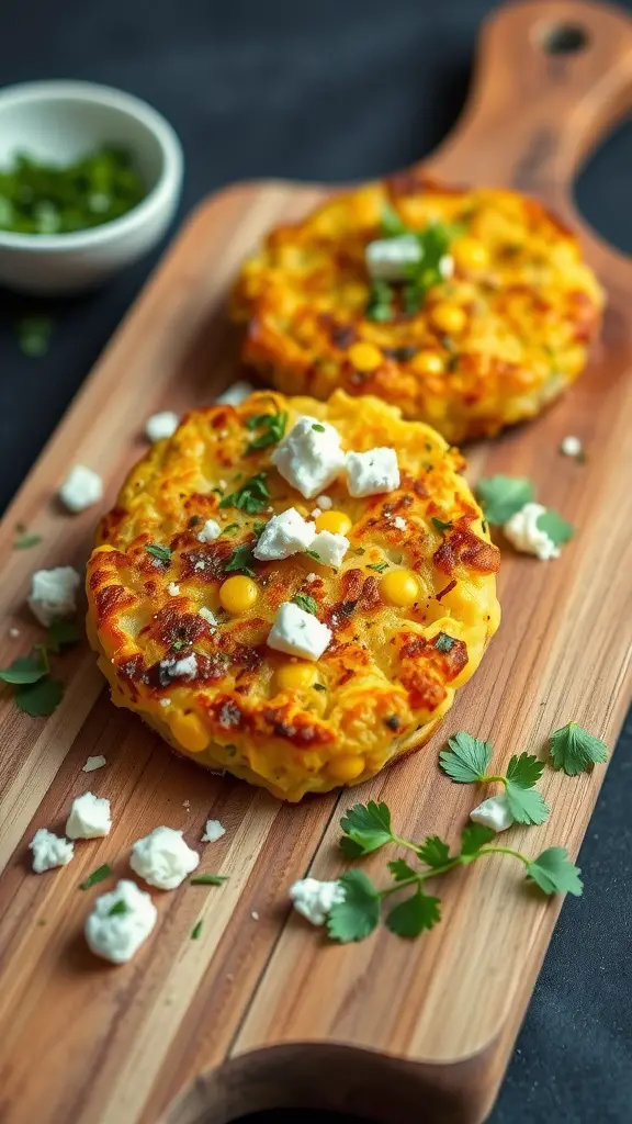 Delicious corn and zucchini fritters topped with feta on a wooden serving board