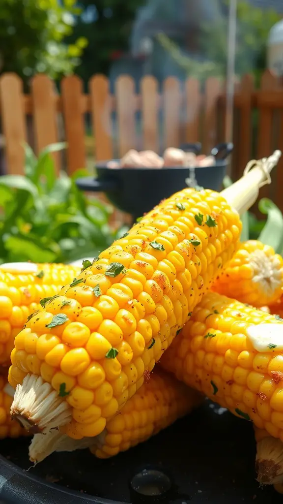 Deliciously grilled corn on the cob topped with herb butter and fresh herbs