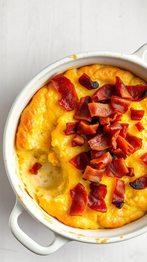 A savory corn pudding topped with crispy bacon.