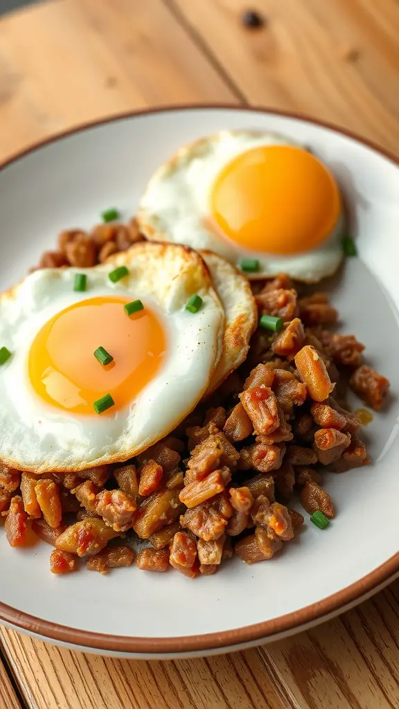 A hearty plate of corned beef hash topped with fried eggs and chopped chives.
