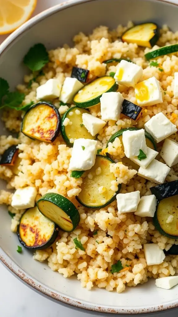 A bowl of couscous salad with grilled zucchini, feta cheese, and parsley.