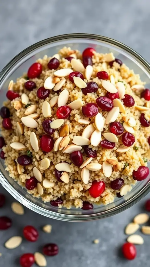 A colorful quinoa salad with cranberries and almonds.