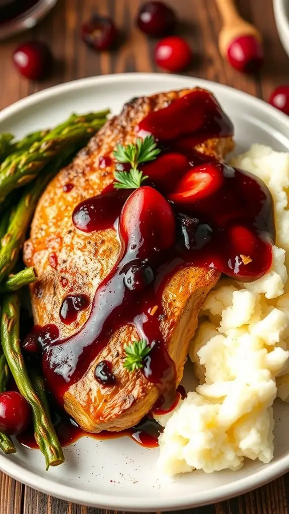 Delicious cranberry balsamic pork chops served with mashed potatoes.