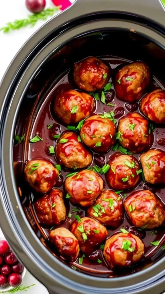 Cranberry BBQ Meatballs in a slow cooker with a glossy sauce and garnished with green onions.