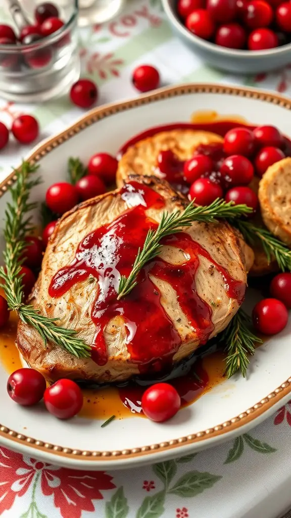 Cranberry glazed pork chops with fresh cranberries and rosemary garnish