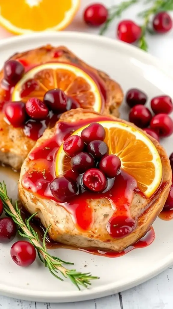 Cranberry orange glazed pork chops served with fresh cranberries and orange slices.