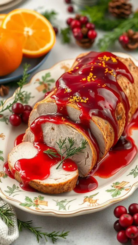 A delicious Cranberry Orange Pork Loin Roast on a festive plate.