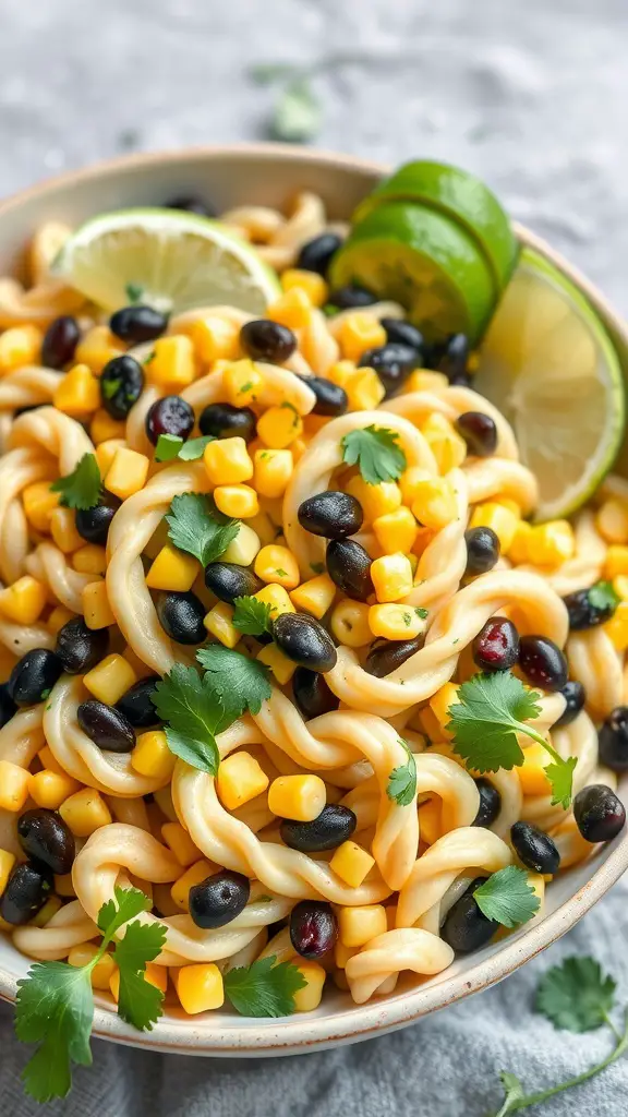 A bowl of creamy avocado pasta salad with corn and black beans, garnished with lime and cilantro.