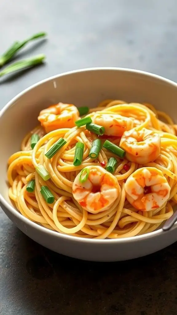 A bowl of creamy Cajun shrimp fettuccine garnished with green onions.