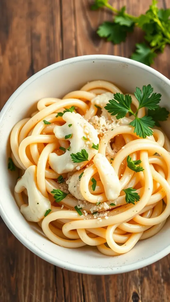 A bowl of creamy cauliflower Alfredo pasta garnished with parsley.