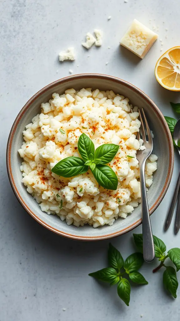 A bowl of creamy cauliflower rice risotto garnished with fresh basil and a sprinkle of paprika.